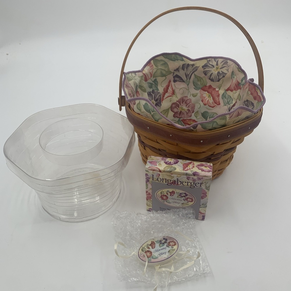 Longaberger Morning Glory Basket Bundle 2000 May Series Liner Protector Lid Tag